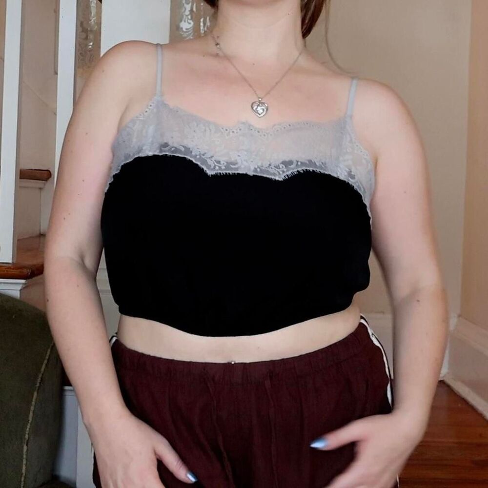 Free People Black Cami Gray Blue Lace Trim Sz XS Dainty Whimsigoth Y2K Fairycore